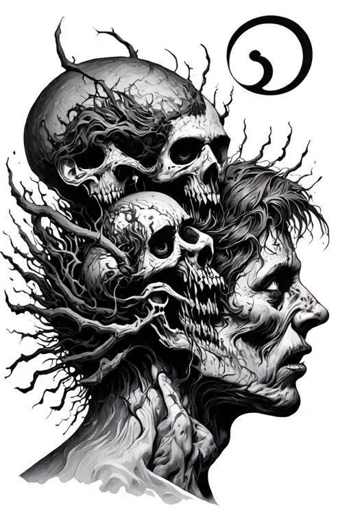 chaotic imaginary world with 3 characters who come out of a human head - Variation 2