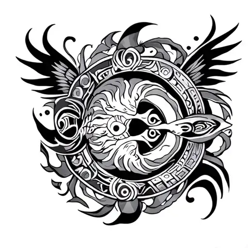 ploynesian tribal tattoo for air land and sea in a circlular shaoe on the left chest
