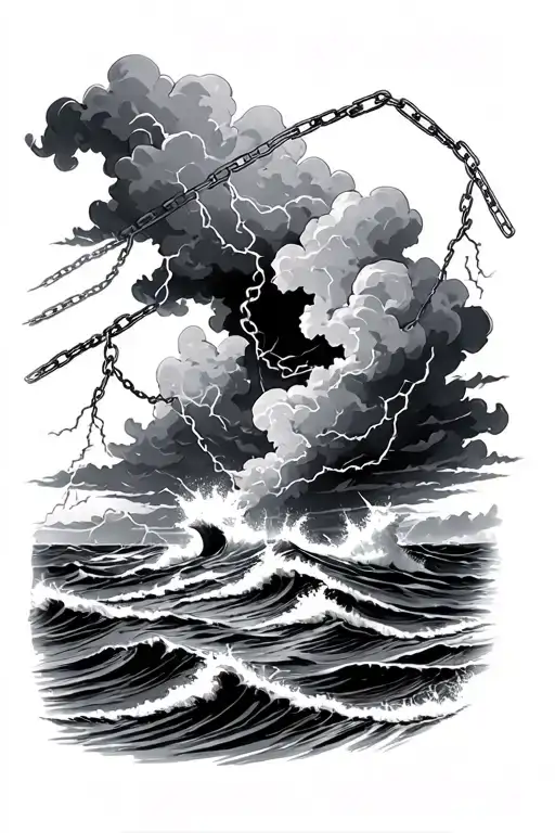 stormy ocean crashing lighting clouds surrounding with chains