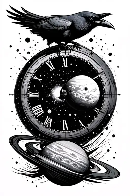 black out space background, planets, crow, time piece - Variation 3