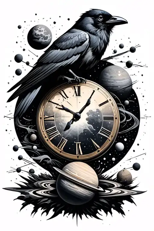 black out space background, planets, crow, time piece - Variation 4