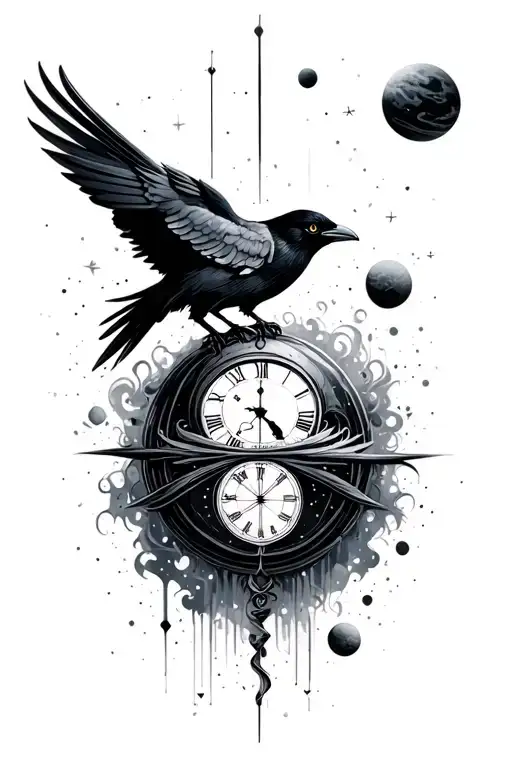 black out space background, planets, crow, time piece