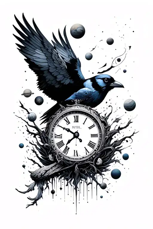 black out space background, planets, crow, time piece - Variation 2