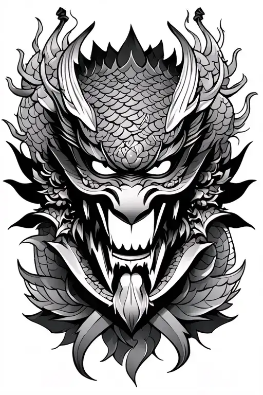 oni mask surrounded by dragon scales with lotus flower and katanas as accent - Variation 3