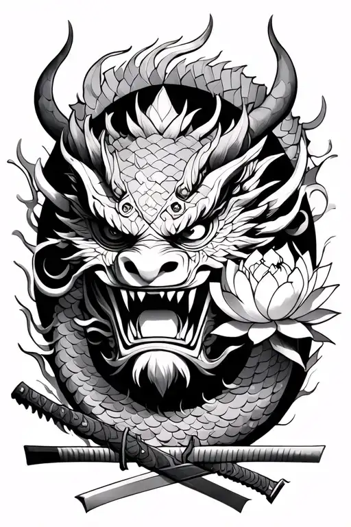 oni mask surrounded by dragon scales with lotus flower and katanas as accent - Variation 4