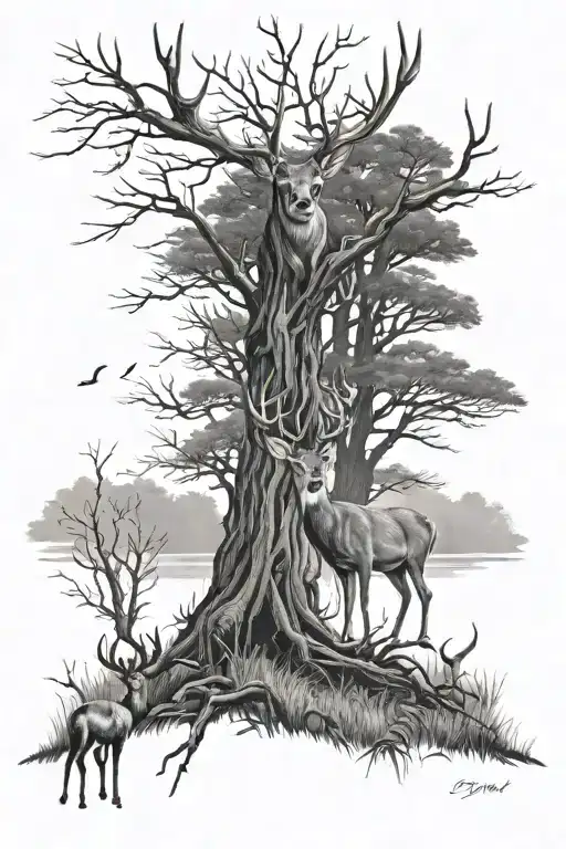 black and white image of buck deer standing alert by dead tree and mallards flying by swampy area - Variation 2