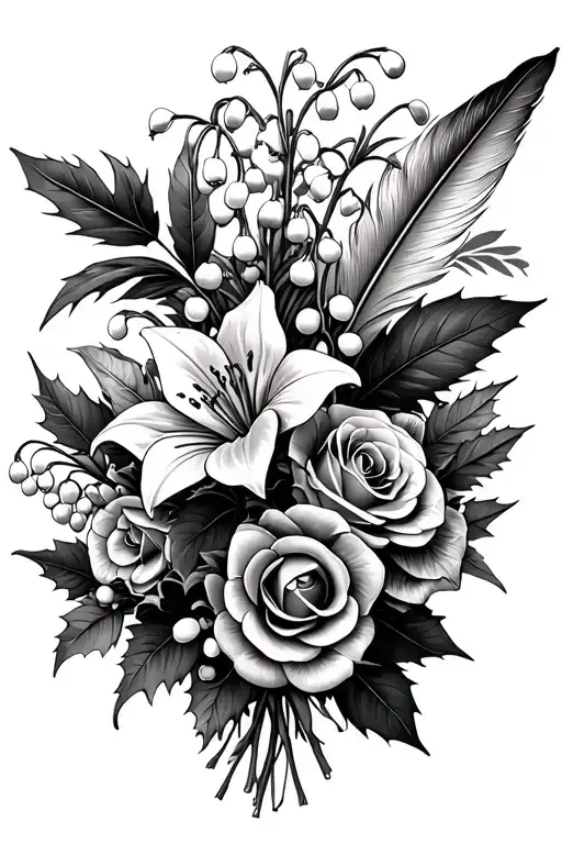 a bouquet with lily of the valley flowers and holly leaves and roses and turkey feathers