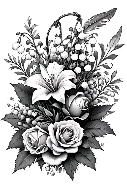 a bouquet with lily of the valley flowers and holly leaves and roses and turkey feathers - Variation 2