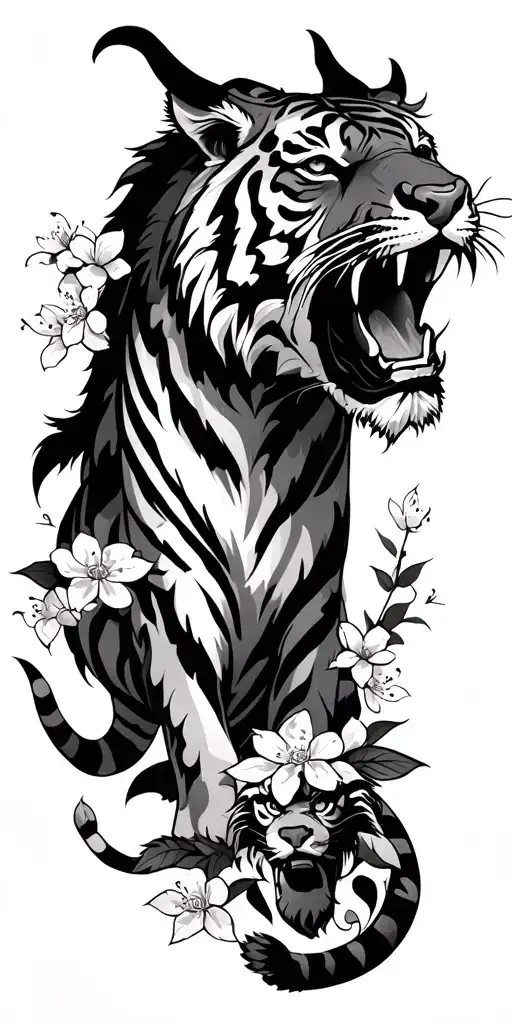 tiger and ox surrounded by cherry blossoms - Variation 2
