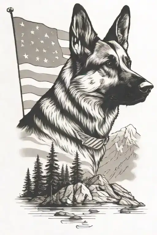 A portrait german shepherd on a mountain peak American flag waving saying "diabetes"