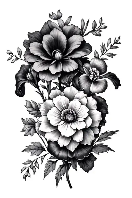 flower bouquet with Violets, Irises, Primroses, Black Baccara Roses, Dahlia Pinnatas - Variation 2