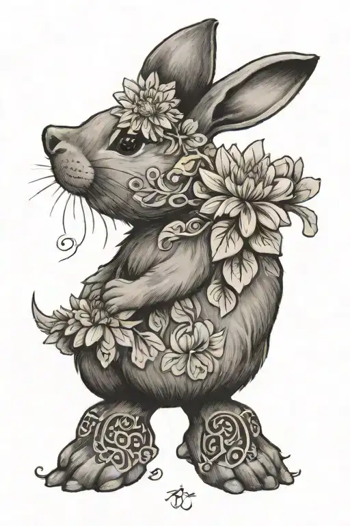 little bunny smelling a yellow chrysanthemum flower with a writing "mia coniglietta" in cursive below it - Variation 2