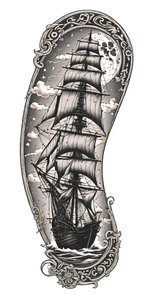 small pirate ship stormy seas compass rose falling moon black flag