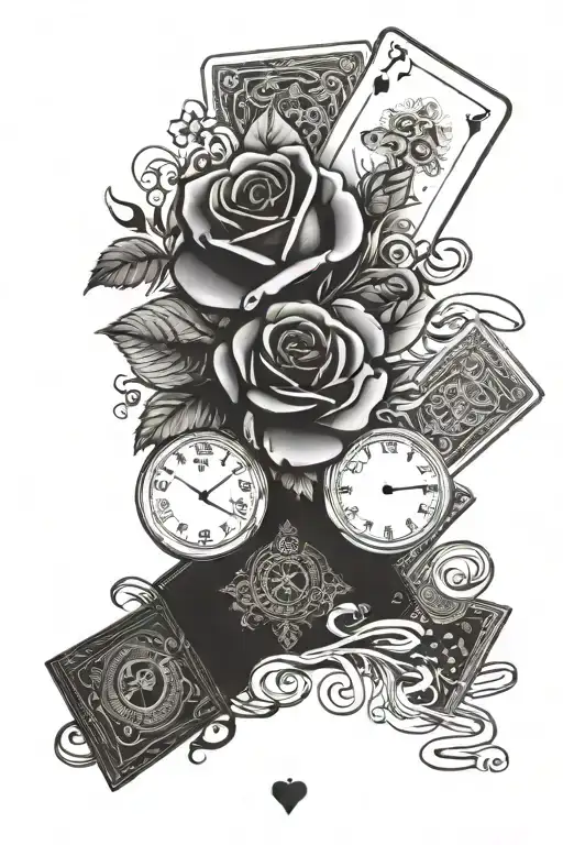 deck of cards with the quote life is a gamble , roses , money , and clocks , dice