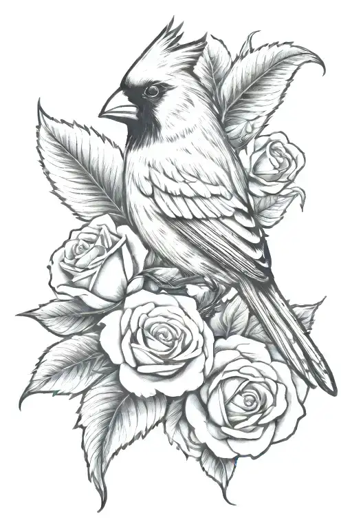 cardinal perched on roses memorial piece with Jesus