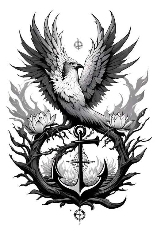 Phoenix rising from ashes Tree of life Lotus flowerAnchor and compass 