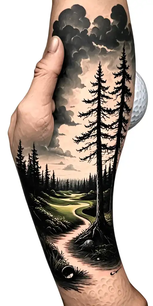creepy forest scene with stormy sky golf course golf ball - Variation 4