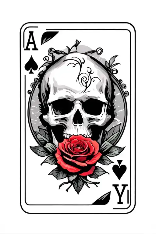 playing card: ace of hearts with a skull in the middle with a single rose in the mouth - Variation 3