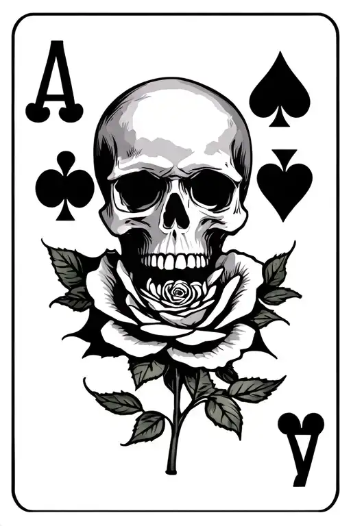 playing card: ace of hearts with a skull in the middle with a single rose in the mouth - Variation 4