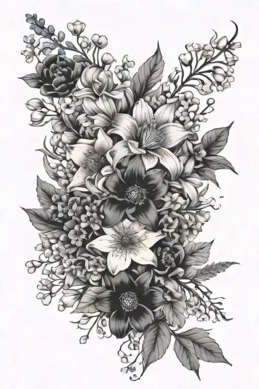 lily of valley, cosmos, delphinium, primrose, aster, poppy, chrysanthemum bouquet hip