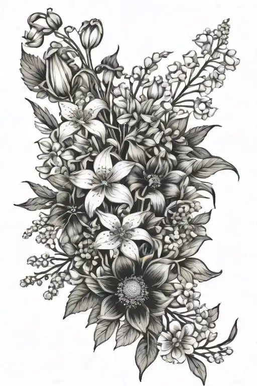 lily of valley, cosmos, delphinium, primrose, aster, poppy, chrysanthemum bouquet hip - Variation 2