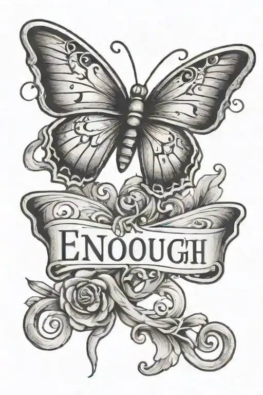the word "enough" written in cursive with a butterfly and a cross - Variation 2
