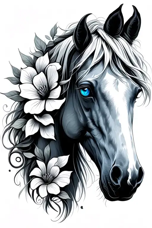 white horse blue eyes portraig tattoo with flower intertwined