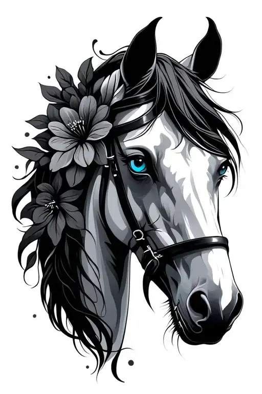 white horse blue eyes portraig tattoo with flower intertwined - Variation 2
