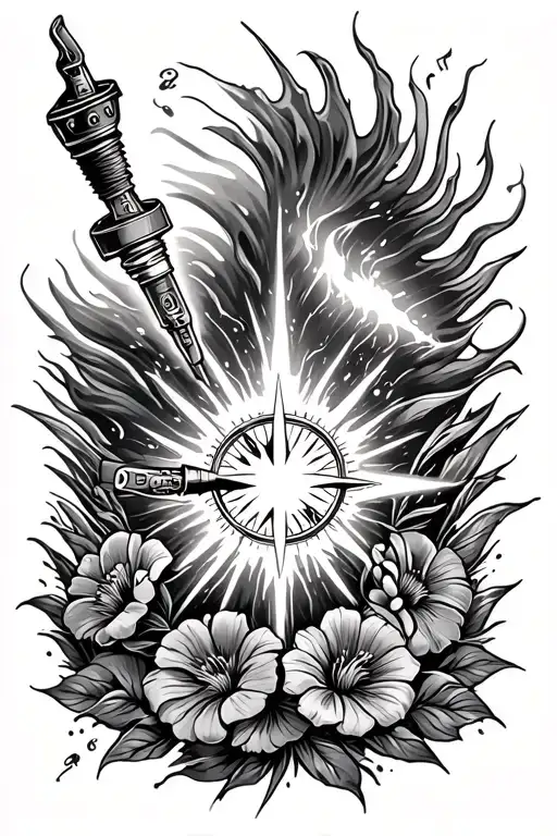 A tattoo sleeve featuring a welding torch and sparks intertwined with your current flowers, a compass surrounded by wave
