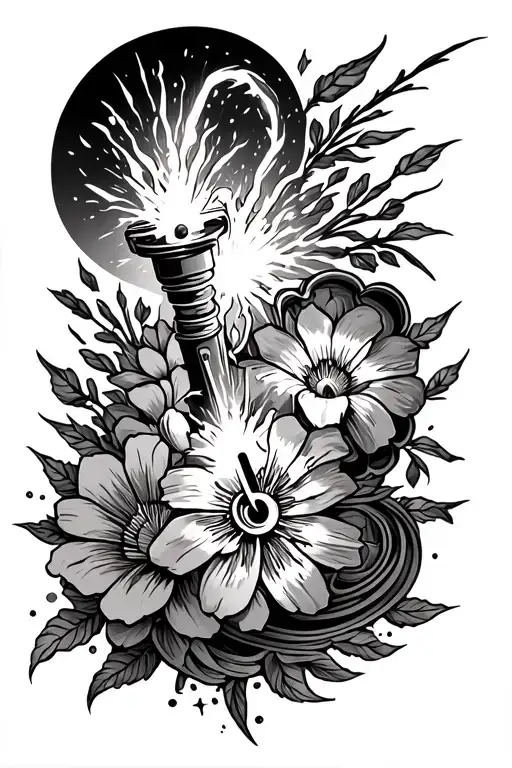 A tattoo sleeve featuring a welding torch and sparks intertwined with your current flowers, a compass surrounded by wave - Variation 2