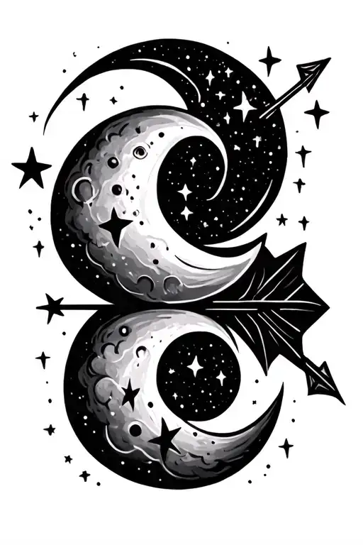 a semicolon made up of stars and a moon inside an arrow