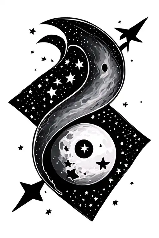 a semicolon made up of stars and a moon inside an arrow  - Variation 2