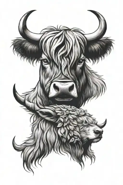 Highland cow head, bear head, fox head, nature inspired tattoo - Variation 2