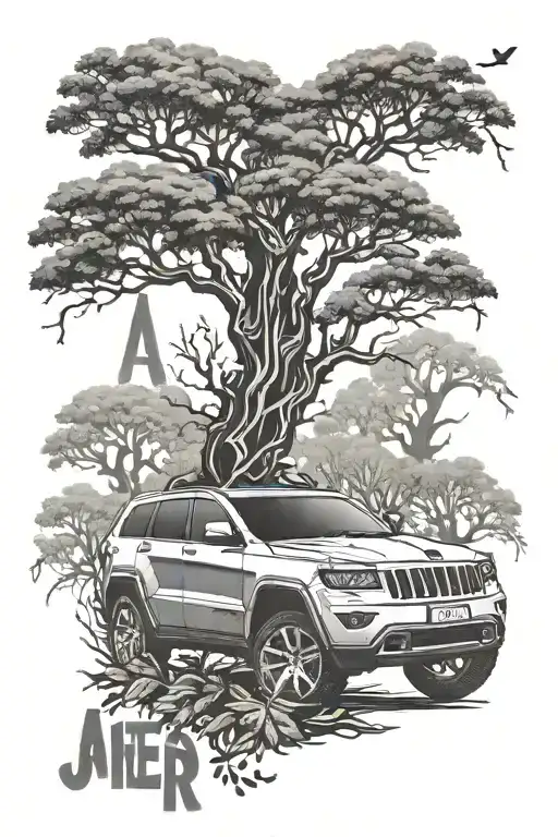 a modified jeep grand cherokee with a tree which has leaves with letter A R and L in it.