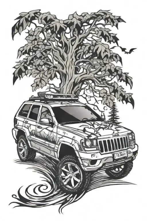 a modified jeep grand cherokee with a tree which has leaves with letter A R and L in it. - Variation 2