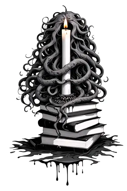 medusa wrapping around to stack of dark romance books with wax dripping candles  - Variation 2