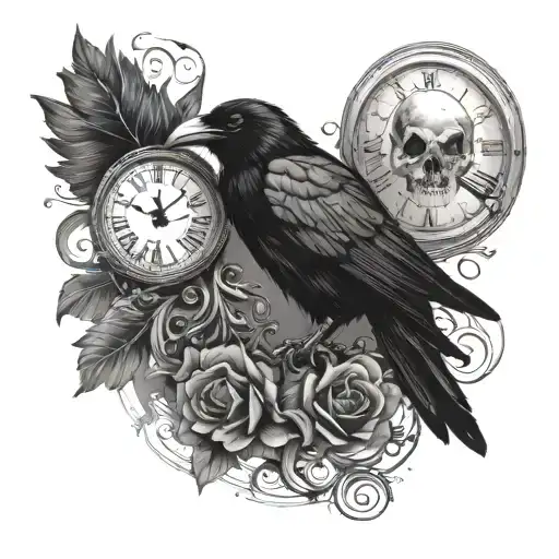 raven and skull with clock face - Variation 2