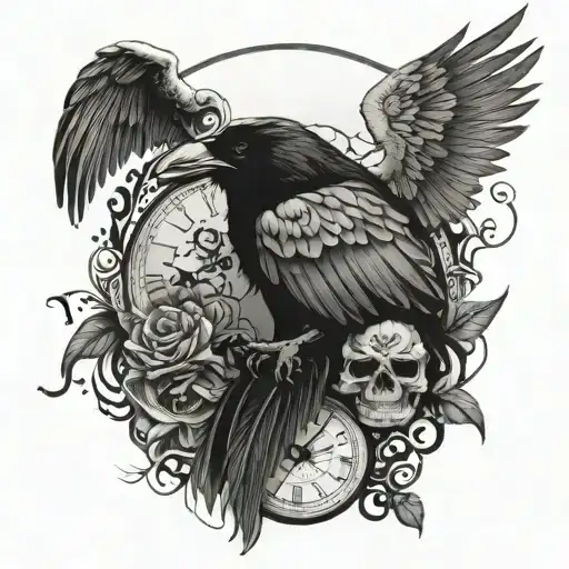 raven and skull with clock face - Variation 3
