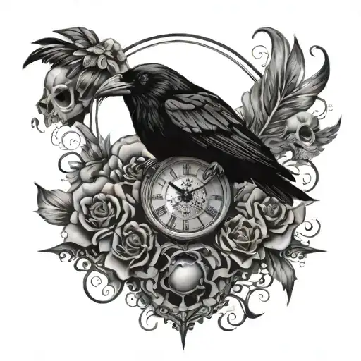 raven and skull with clock face - Variation 4
