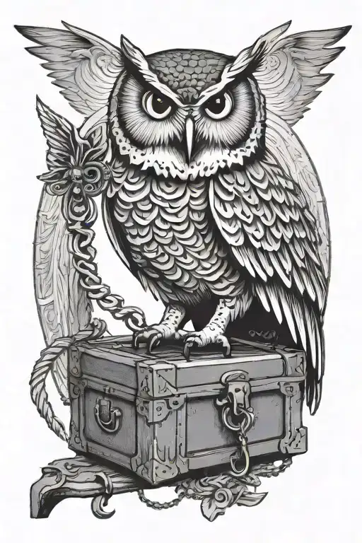 Owl on a chest holding a key on beak open - Variation 2