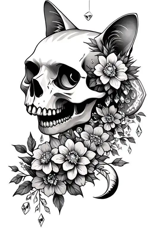 cat skull with crystals flowers and crescent moon  - Variation 3