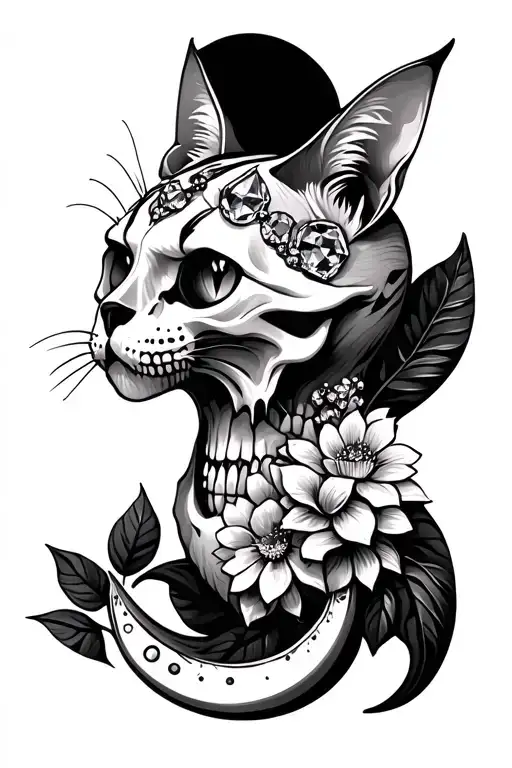 cat skull with crystals flowers and crescent moon  - Variation 4