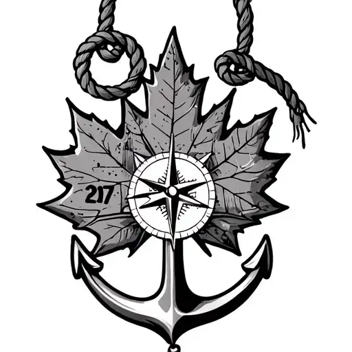 anchor with rope hanging with a compass and maple leaf with the number 27 on it