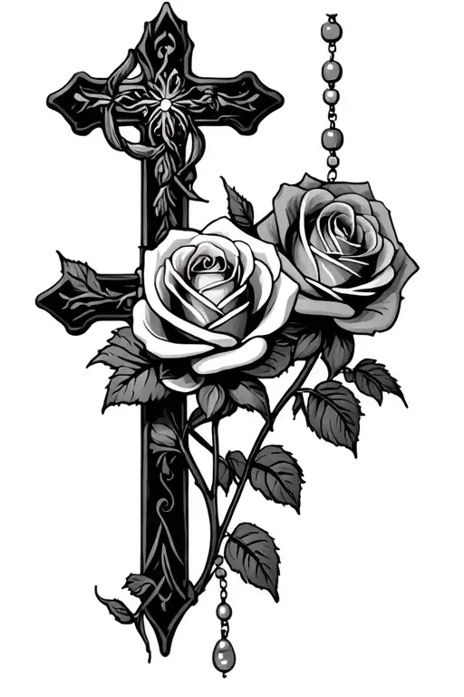 3 roses, memorial, cross intertwined, rosary beads