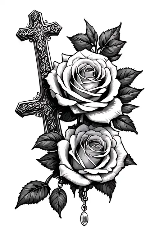 3 roses, memorial, cross intertwined, rosary beads - Variation 2