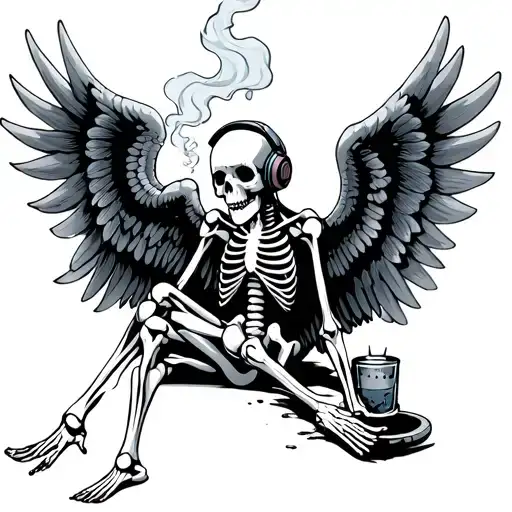 skeleton sitting with wings headphones and smoking cigrattee
