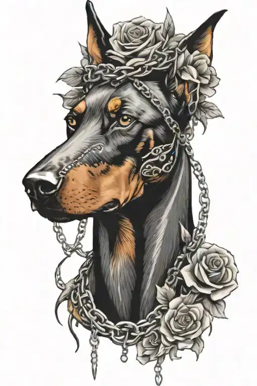 Doberman head with flowers and chains surrounded by thorns