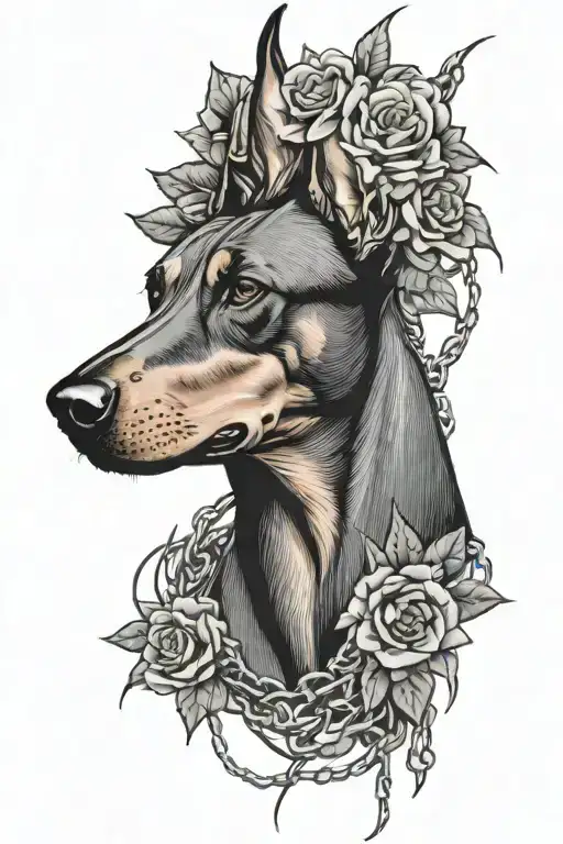 Doberman head with flowers and chains surrounded by thorns - Variation 2