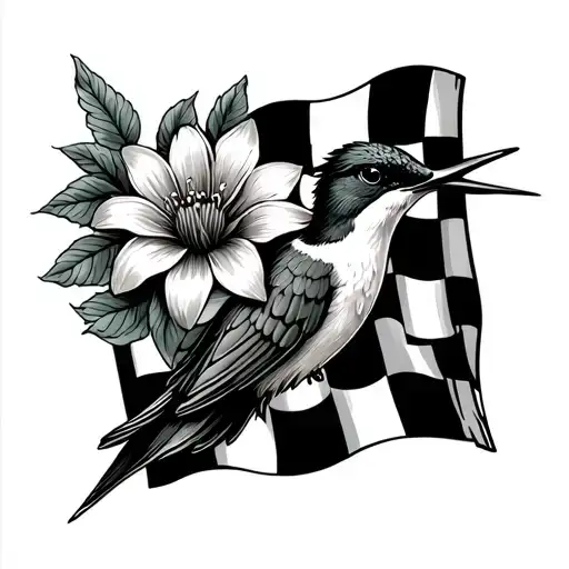 a humming bird and a flower and checkered flag - Variation 2