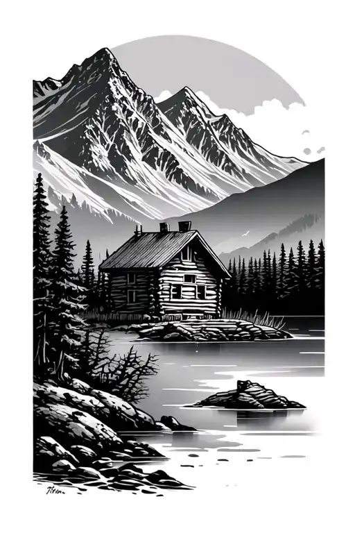 The swedish mountain kebnekaise, with a lake and a log house - Variation 2